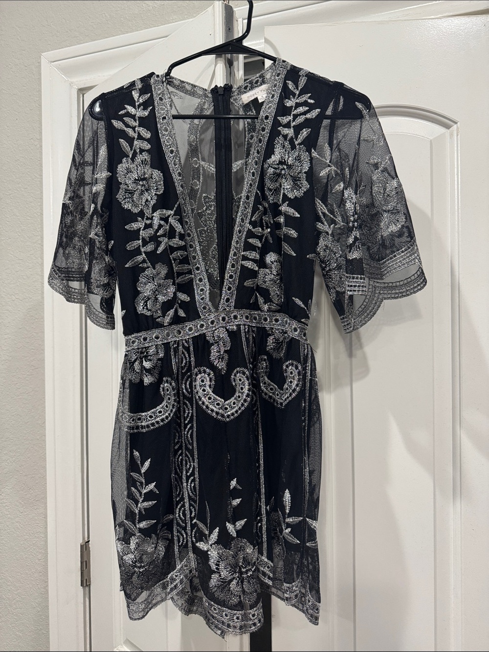 HONEY PUNCH Embroidered Black Floral Mesh Jumpsuit
